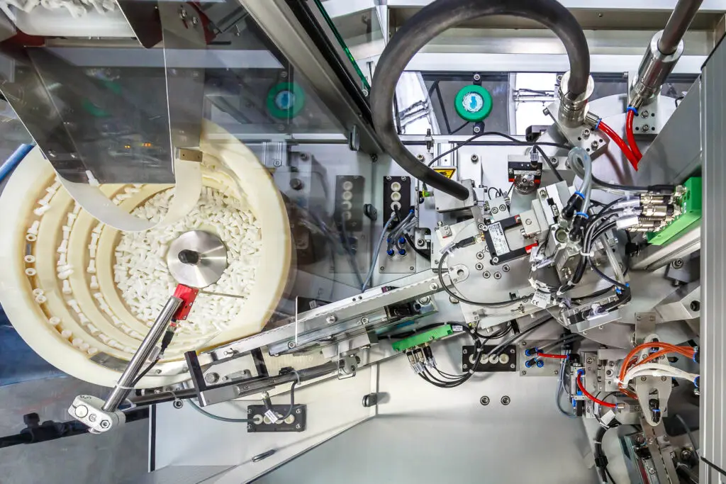 Innenansicht von oben auf die Montage- und Prüfanlage mit multispektraler 3D-Messung und automatisierter Bauteilhandhabung für medizinische Präzisionsbaugruppen