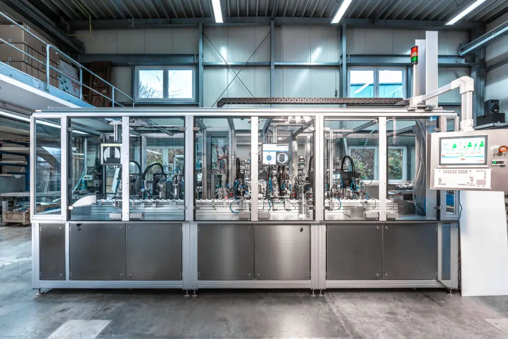 Außenansicht einer kundenspezifischen Längstaktmaschine von Ralf Lang Maschinenbau GmbH für die vollautomatische Montage medizinischer Bauteile